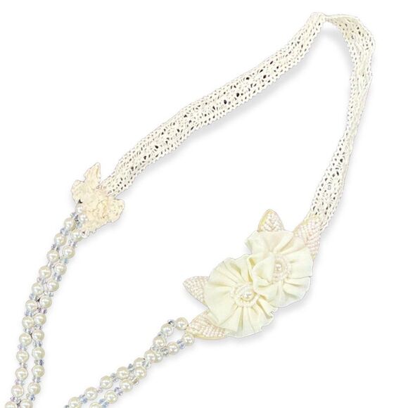 Ivory Pearl Double Row Crochet Seed Bead Floral Statement Necklace NWT - Picture 2 of 5